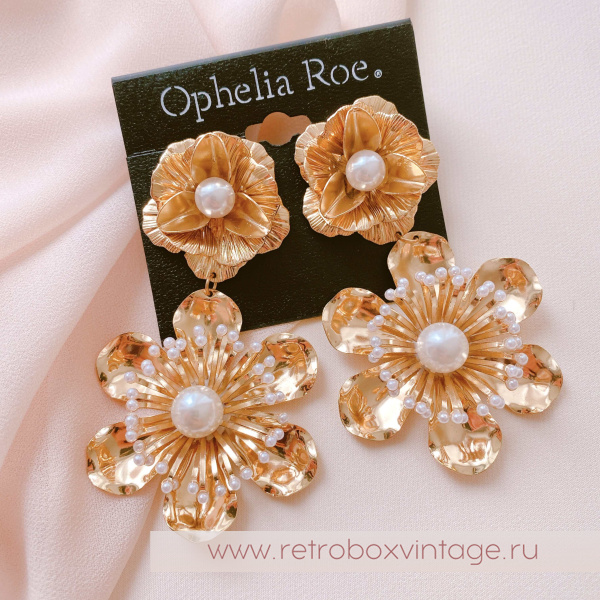 OPHELIA ROE Серьги "Два золотых цветка с жемчужинами"