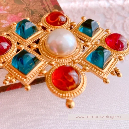 BEN AMUN Брошь "Византия" с цветными кабошонами и жемчугом