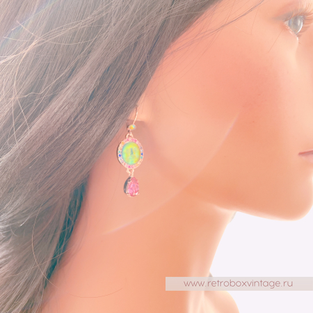 KIRKS FOLLY Серьги "Лунная роса: хамелеон иридис с малиновыми капельками в золоте"