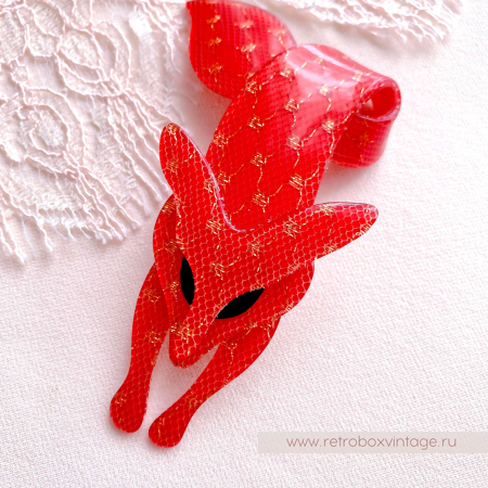 LEA STEIN Брошь "Лиса: красная кружевная" черные глазки