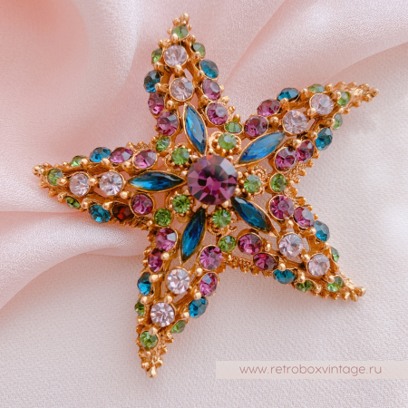FLORENZA Брошь "Морская звезда: аметист-изумруд"