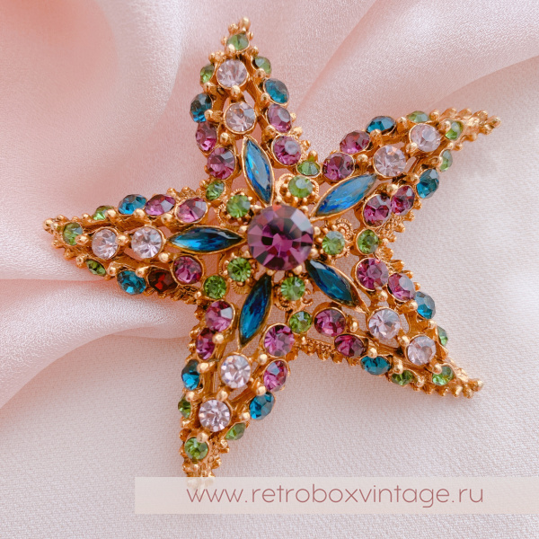 FLORENZA Брошь "Морская звезда: аметист-изумруд"