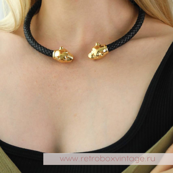 UVELINA Ожерелье-чокер "Золотые пантеры: черные кристаллы" плетеная кожа