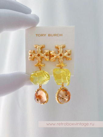 TORY BURCH Серьги-пусеты удлиненные «Роксана: прозрачные салатово-бежевые»