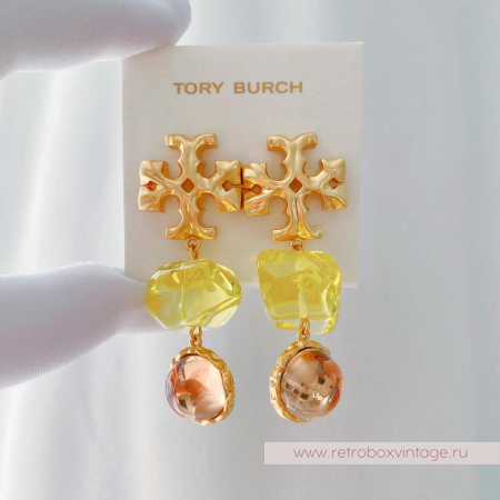 TORY BURCH Серьги-пусеты удлиненные «Роксана: прозрачные салатово-бежевые»