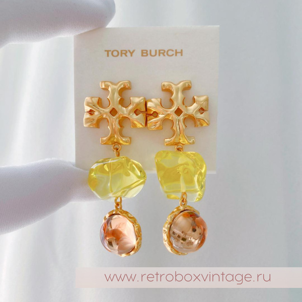 TORY BURCH Серьги-пусеты удлиненные «Роксана: прозрачные салатово-бежевые»