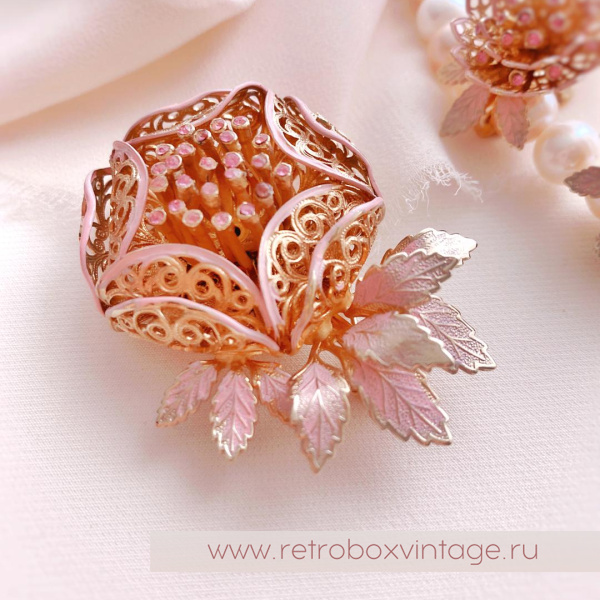 VENDOME Брошь и клипсы «Розовые ажурные хризантемы»