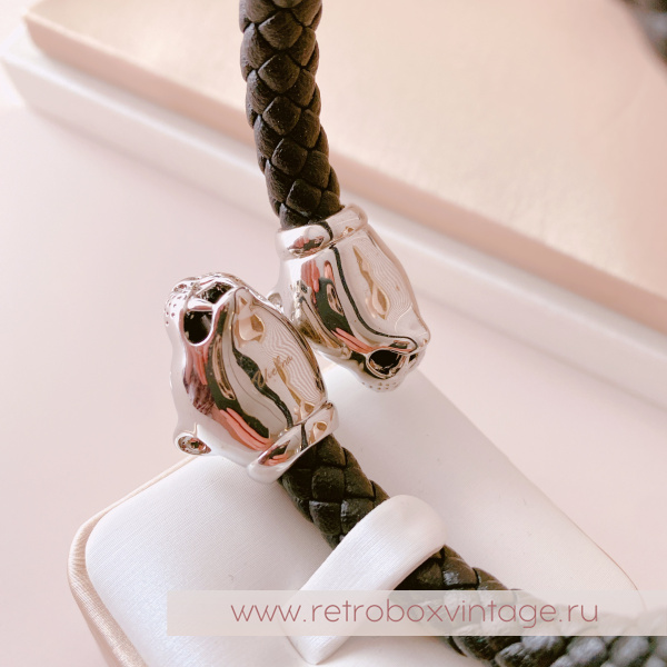 UVELINA Браслет "Серебристые пантеры: черные кристаллы" плетеная кожа