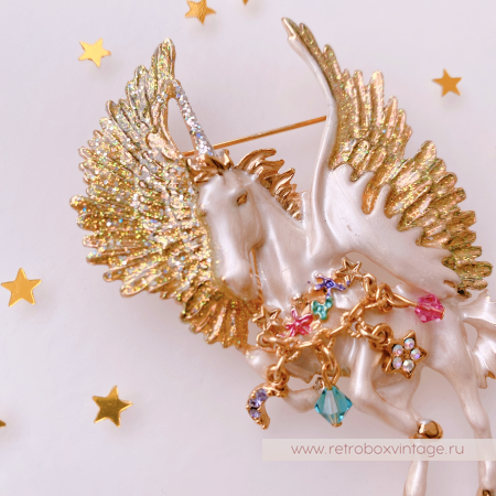 KIRKS FOLLY Брошь "Белый единорог с золотыми крыльями"