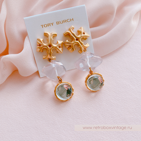 TORY BURCH Серьги-пусеты удлиненные «Роксана: прозрачные розово-мятные»