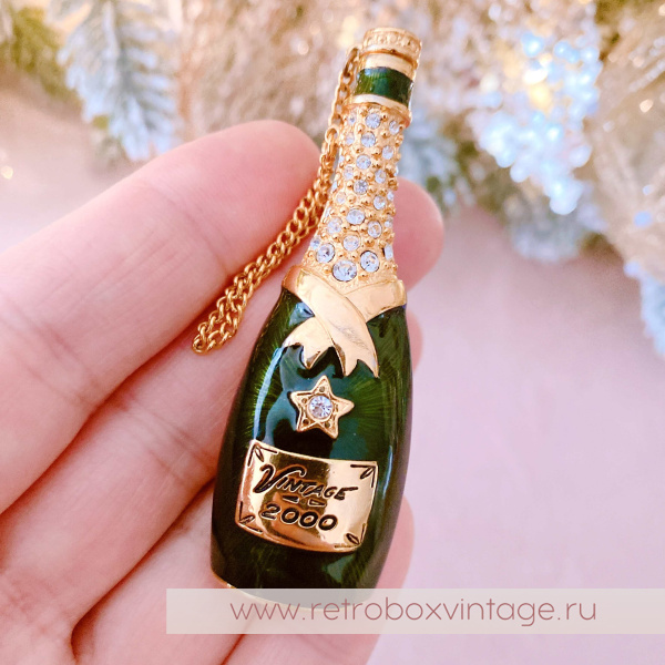 GRAZIANO Брошь "Бутылка шампанского" с автоматической пробкой на цепочке