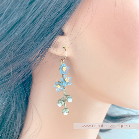 MICHAEL MICHAUD Серьги удлиненные "Три голубые незабудки с жемчугом"