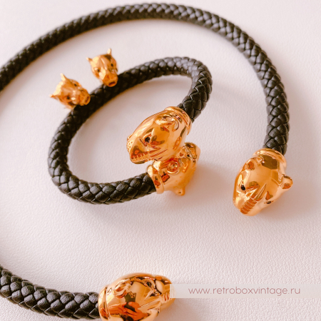 UVELINA Браслет "Золотые пантеры: черные кристаллы" плетеная кожа