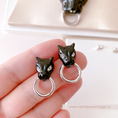 UVELINA Серьги "Черные пантеры с серебристым кольцом"