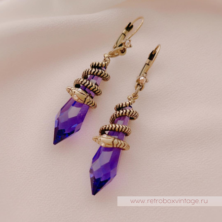 SWEET ROMANCE Серьги "Змейка и магический кристалл: аметист в бронзе" (с нюансом)