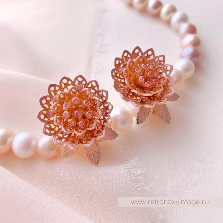 VENDOME Брошь и клипсы «Розовые ажурные хризантемы»