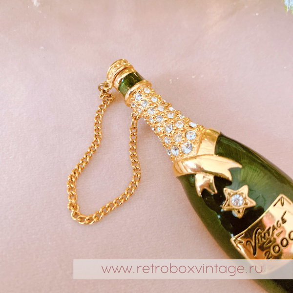 GRAZIANO Брошь "Бутылка шампанского" с автоматической пробкой на цепочке