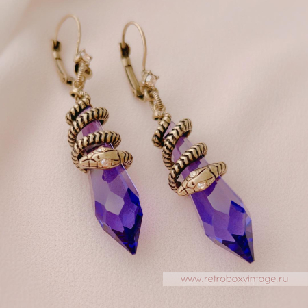 SWEET ROMANCE Серьги "Змейка и магический кристалл: аметист в бронзе" (с нюансом)